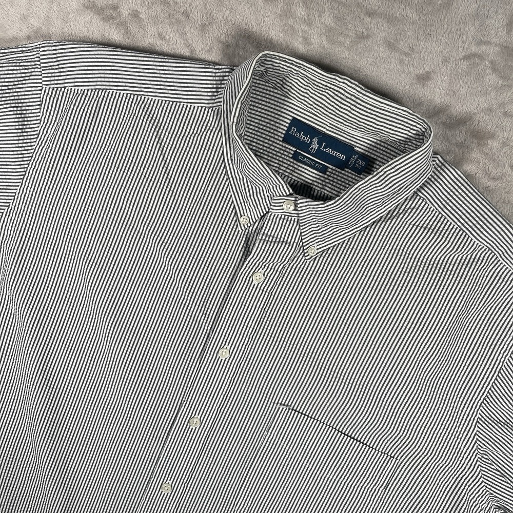 Ralph Lauren Classic Fit Seersucker Striped Gray Short Sleeve Button Up Mens 2XB
